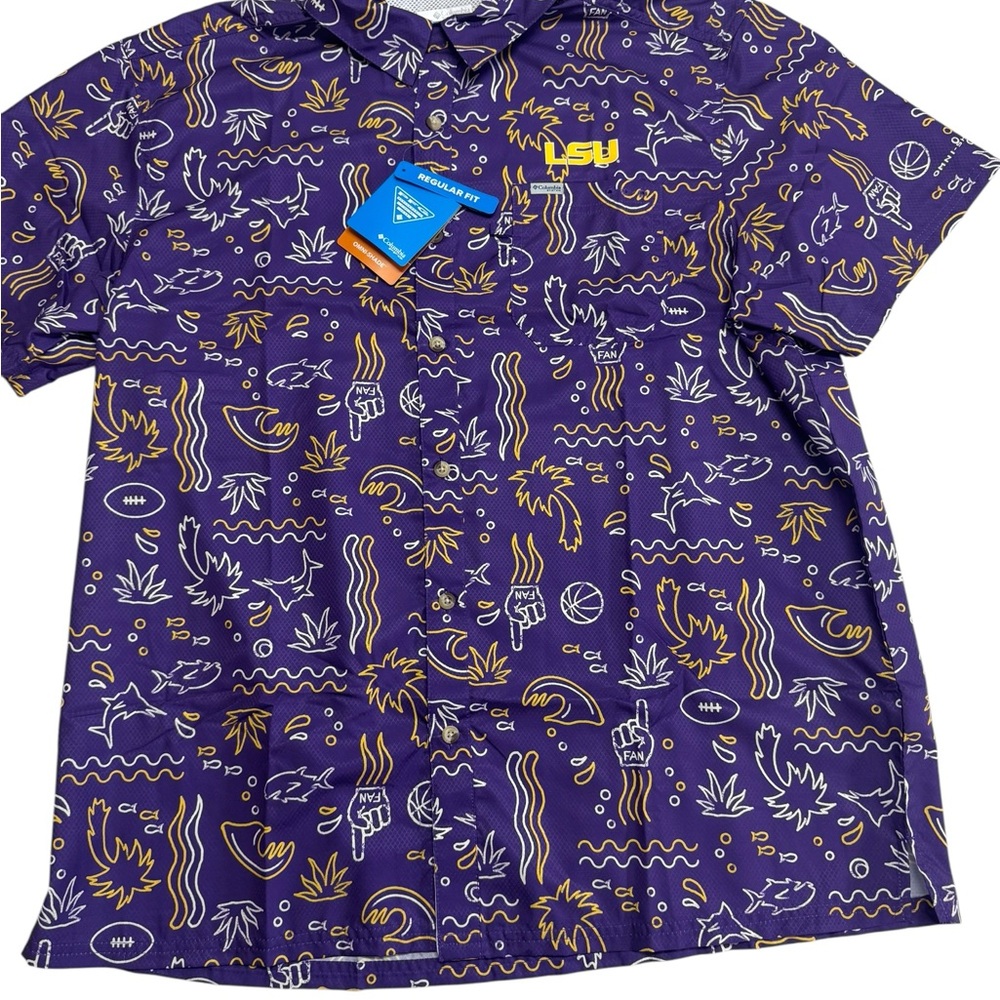 LSU Tigers Purple Hawaiian Columbia PFG Slack Tide Camp Shirt Men’s Size XL